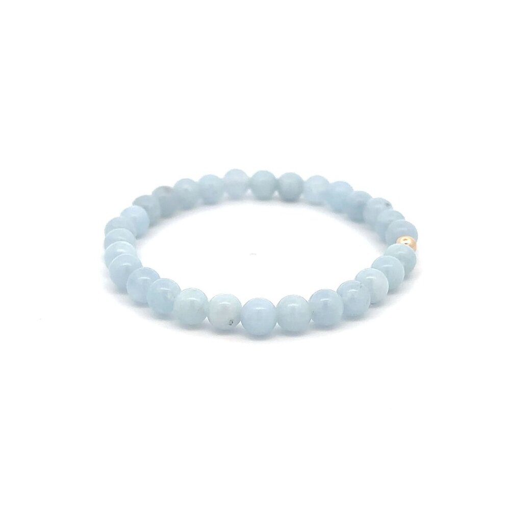 Natural Aquamarine 6mm Gemstone Stretch Bracelet with 14K Gold Polished Bead - Picture 6 of 6